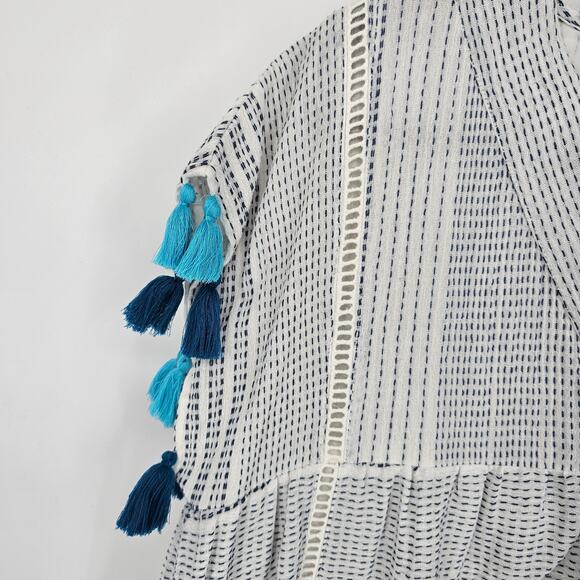 Anthropologie THML Blue White Boho Chic Shift Dress Tassel Striped V-Neck Medium - Picture 3 of 7